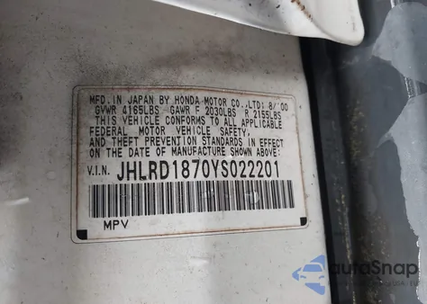 2000 Honda Cr-V Special Edition из США, поврежденный, VIN JHLRD1870YS022201